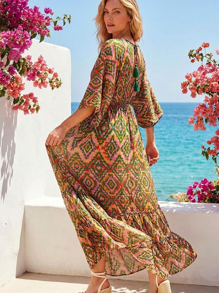 Roman Orange Aztec Boho Maxi Dress - Image 2 of 3