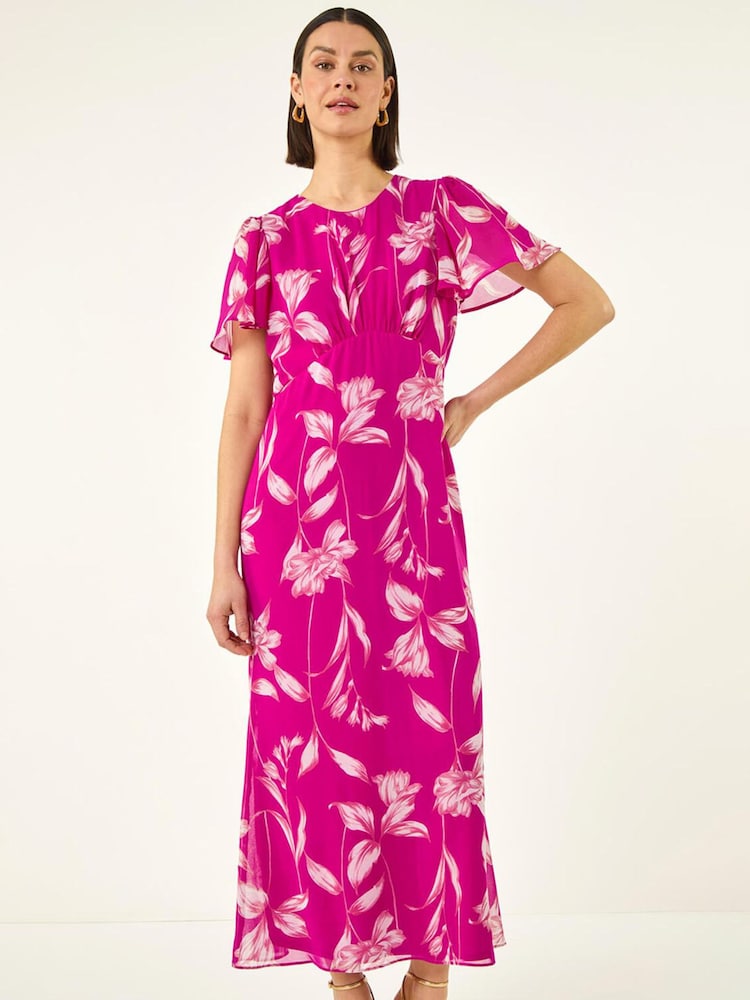 Roman Pink Floral Print Flutter Sleeve Midi Dress - Image 2 of 6 Roman Pink Floral Print Flutter Sleeve Midi Dress - Image 2 of 6