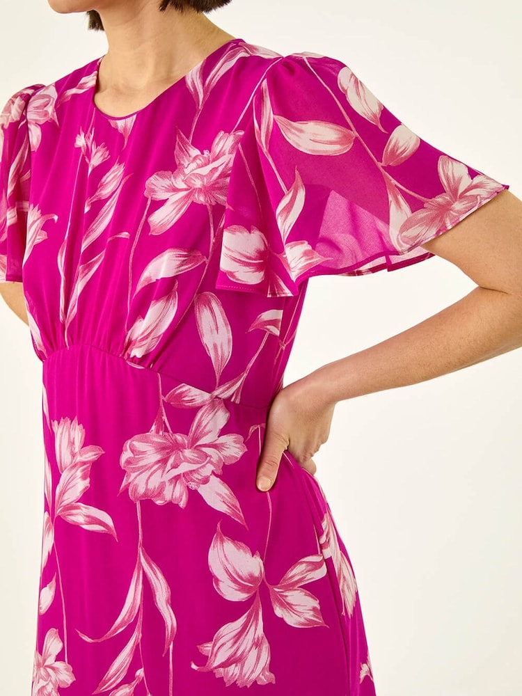 Roman Pink Floral Print Flutter Sleeve Midi Dress - Image 6 of 6 Roman Pink Floral Print Flutter Sleeve Midi Dress - Image 6 of 6