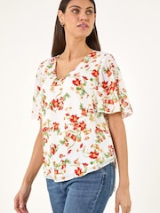 Roman Red Floral Angel Sleeve Top - Image 1 of 5