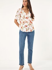 Roman Red Floral Angel Sleeve Top - Image 2 of 5