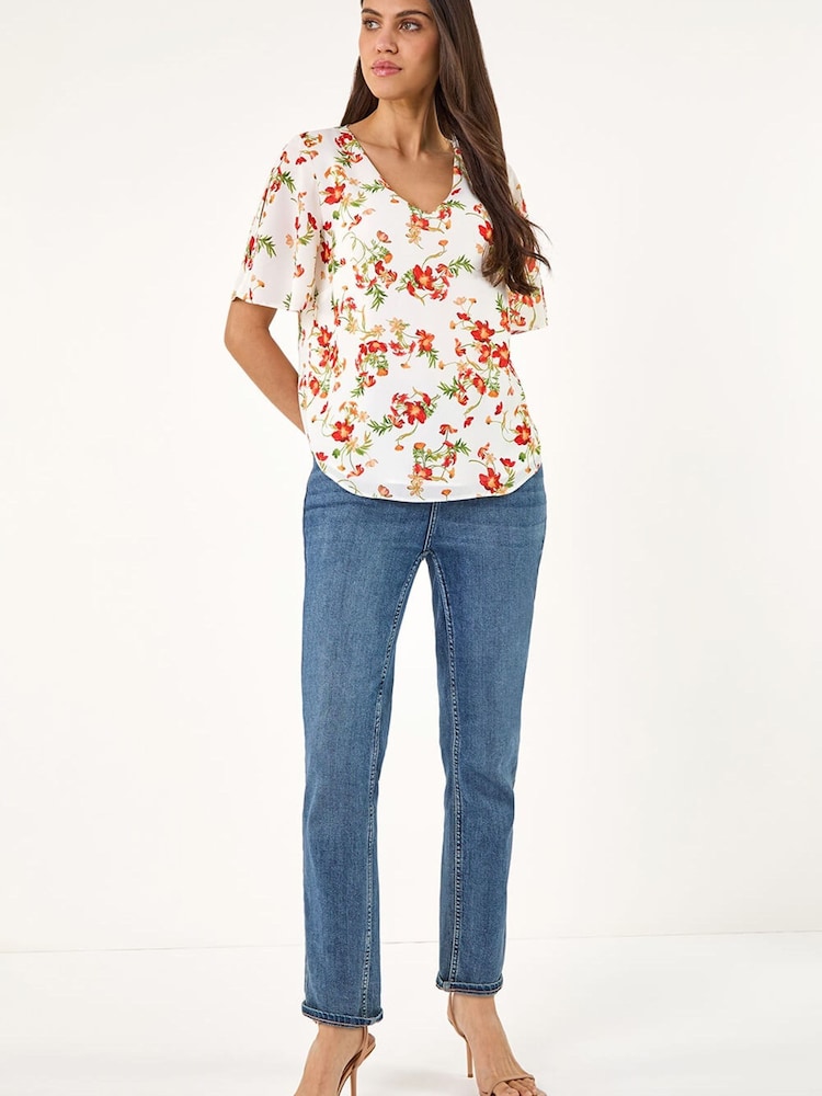 Roman Red Floral Angel Sleeve Top - Image 2 of 5 Roman Red Floral Angel Sleeve Top - Image 2 of 5