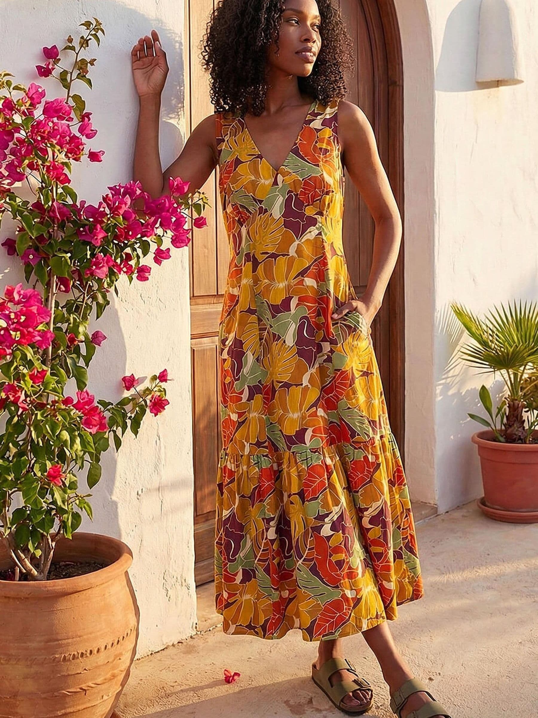 Buy Roman Orange Abstract Tiered Midi Dress from Next Turkey