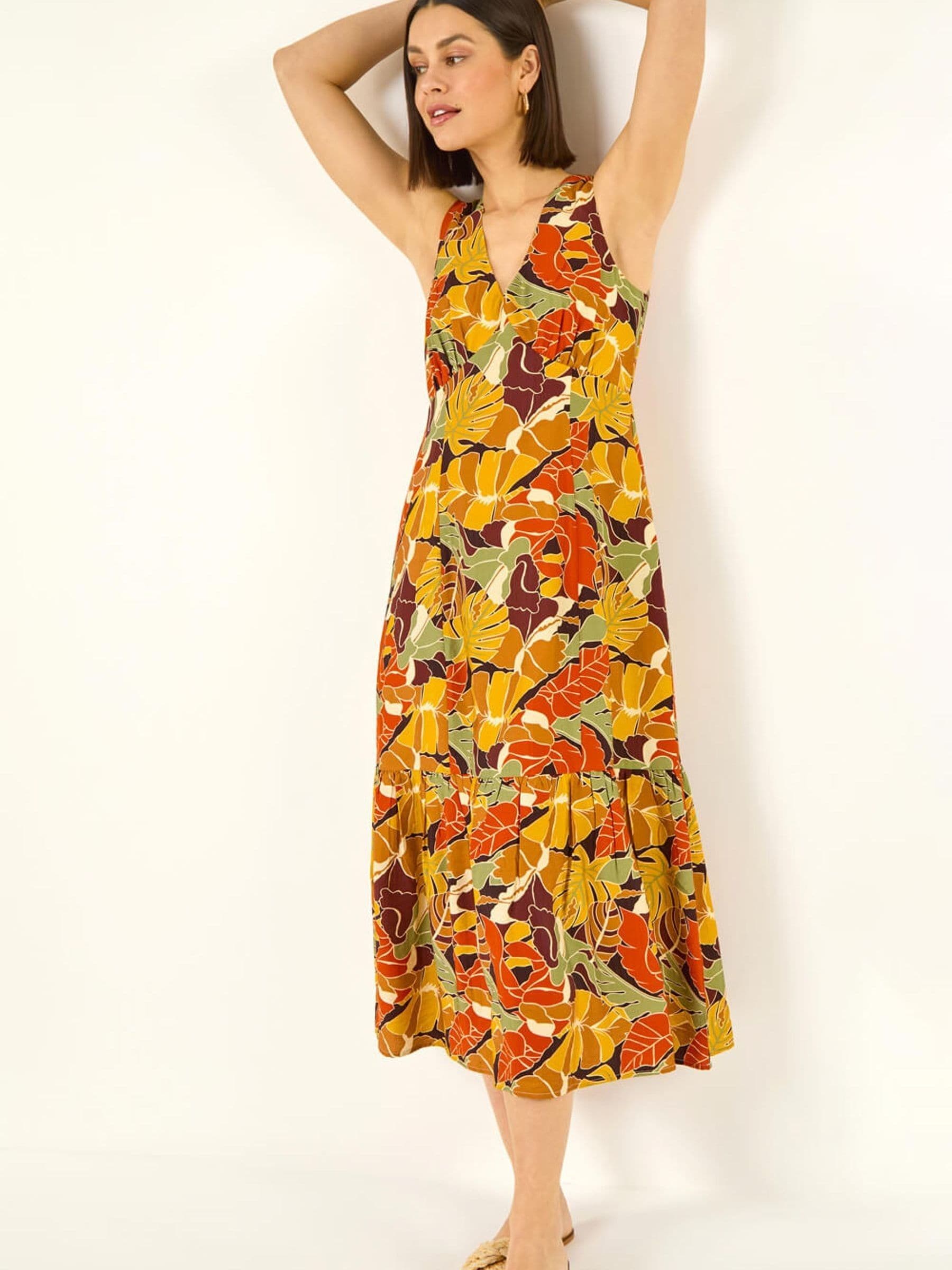 Buy Roman Orange Abstract Tiered Midi Dress from Next Turkey