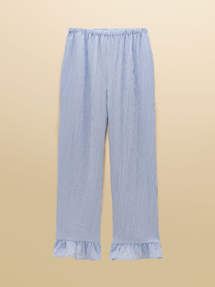 Joules Blue Stripe Wide Leg Frill Hem Trouser - Image 1 of 5 Joules Blue Stripe Wide Leg Frill Hem Trouser - Image 1 of 5