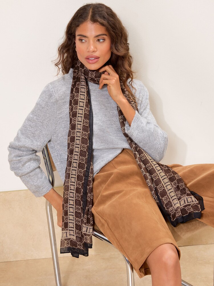 Lipsy Chocolate Brown Monogram Lightweight Printed Scarf - Image 2 of 4 Lipsy Chocolate Brown Monogram Lightweight Printed Scarf - Image 2 of 4