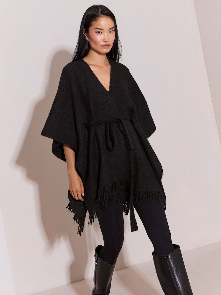 Lipsy Black Soft Touch Belted Fringe Cape Poncho - Image 1 of 4