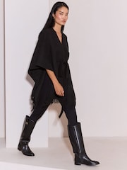 Lipsy Black Soft Touch Belted Fringe Cape Poncho - Image 3 of 4