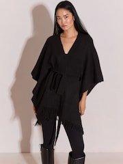 Lipsy Black Soft Touch Belted Fringe Cape Poncho - Image 4 of 4