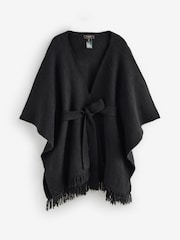 Lipsy Black Soft Touch Belted Fringe Cape Poncho - Image 5 of 7