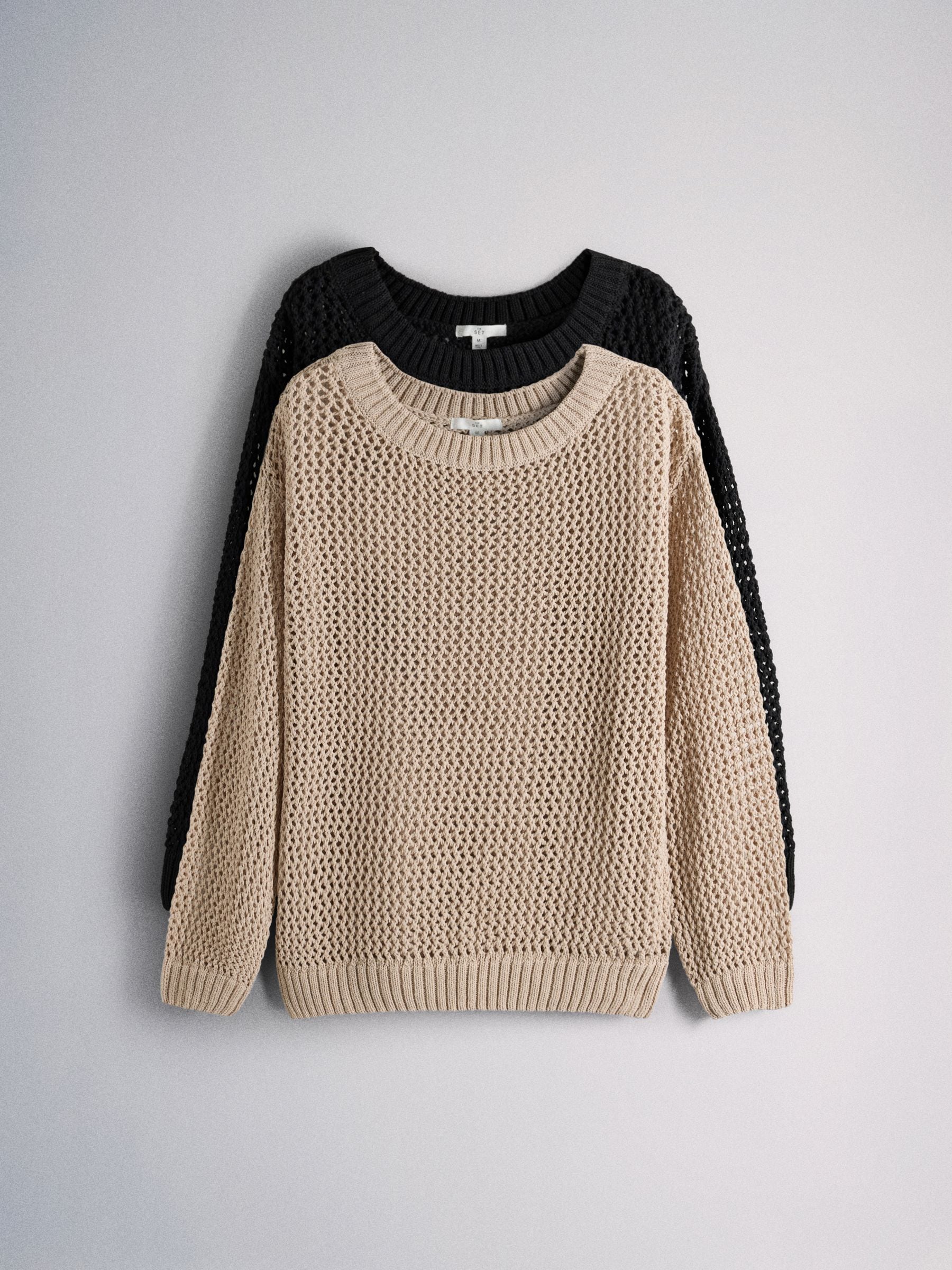 Buy The Set 2 Pack Open Knit Slash Neck Jumpers Black/Cream from