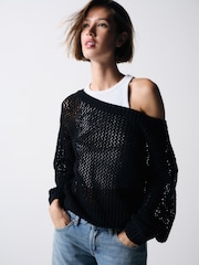 The Set 2 Pack Open Knit Slash Neck Jumpers Black/Cream - Image 4 of 5