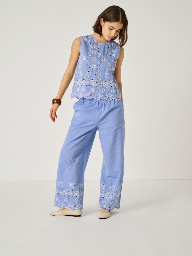 JDY Blue Embroidery Detail Wide Leg Ankle Trousers - Image 1 of 8