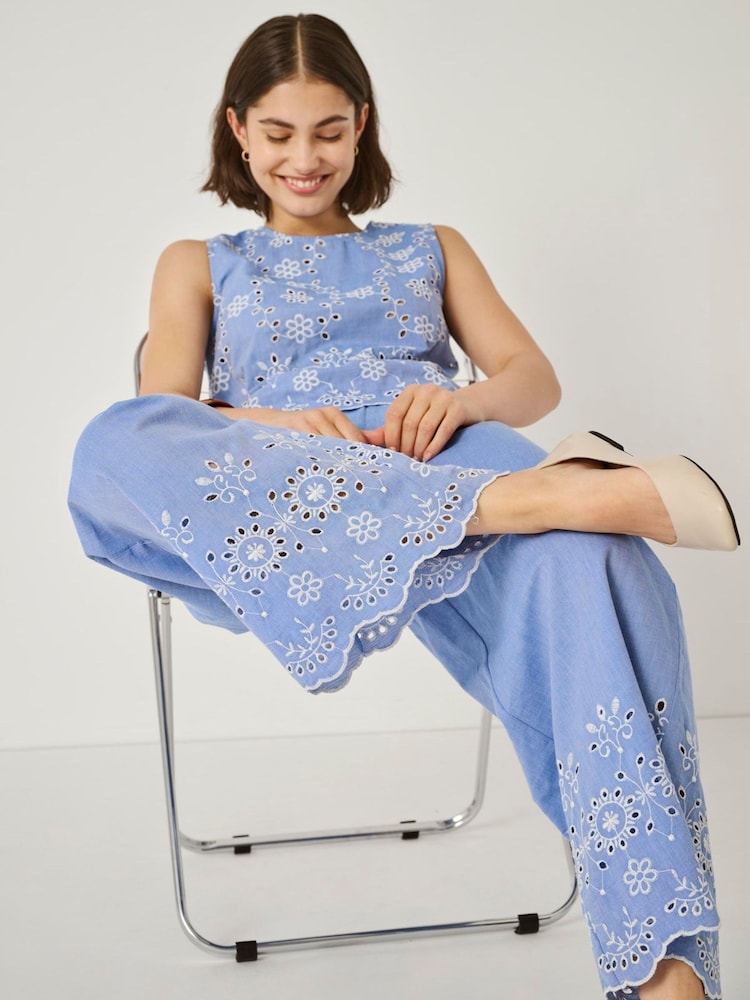 JDY Blue Embroidery Detail Wide Leg Ankle Trousers - Image 2 of 8