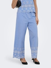 JDY Blue Embroidery Detail Wide Leg Ankle Trousers - Image 3 of 8