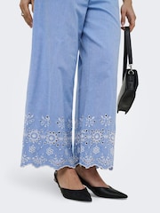 JDY Blue Embroidery Detail Wide Leg Ankle Trousers - Image 5 of 8