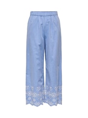 JDY Blue Embroidery Detail Wide Leg Ankle Trousers - Image 7 of 8