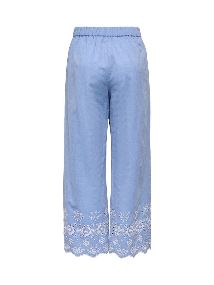 JDY Blue Embroidery Detail Wide Leg Ankle Trousers - Image 8 of 8