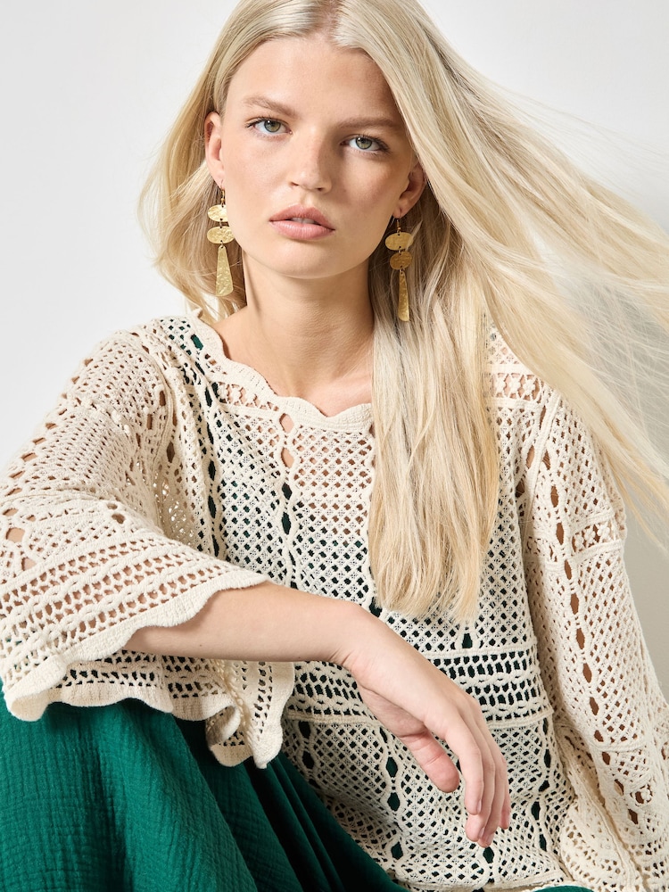 Apricot Natural Bell Sleeve Crochet Top - Image 1 of 4