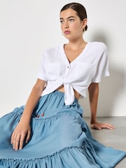 Apricot Blue Denim Tiered Maxi Skirt - Image 1 of 5