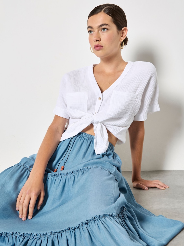 Apricot Blue Denim Tiered Maxi Skirt - Image 1 of 5