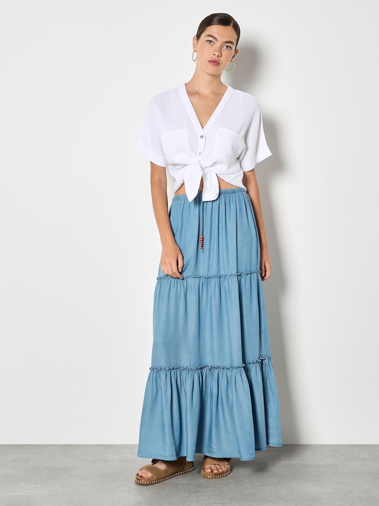 Apricot Blue Denim Tiered Maxi Skirt - Image 2 of 5
