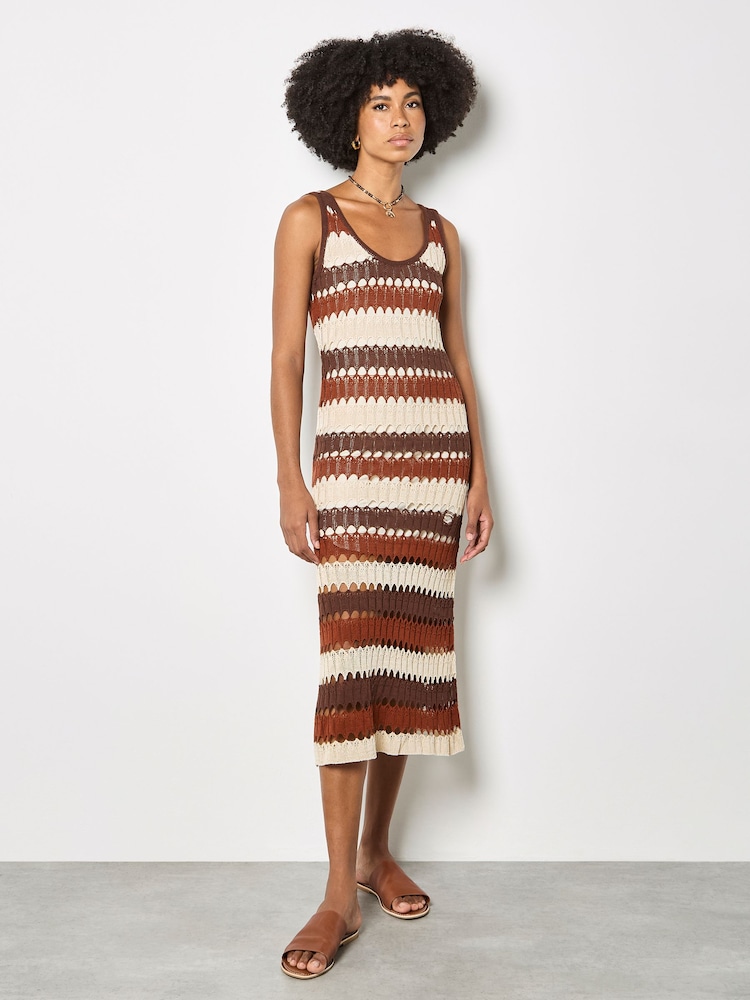 Apricot Brown Crochet Stripe Midaxi Dress - Image 1 of 4