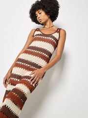 Apricot Brown Crochet Stripe Midaxi Dress - Image 2 of 4