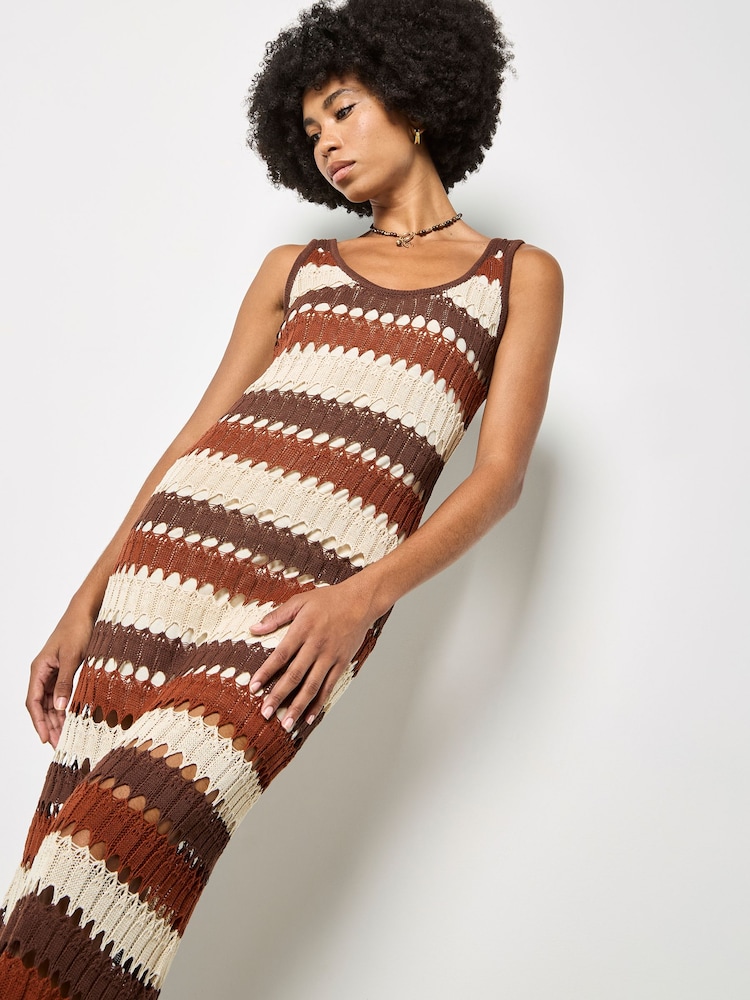 Apricot Brown Crochet Stripe Midaxi Dress - Image 2 of 4