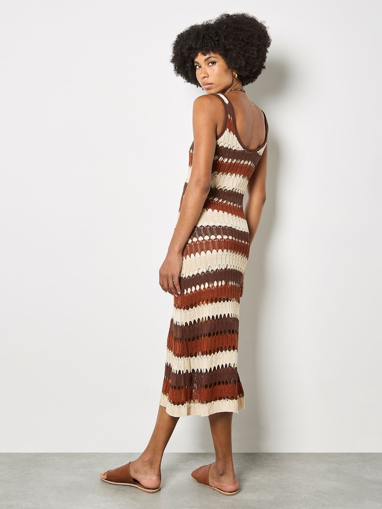 Apricot Brown Crochet Stripe Midaxi Dress - Image 4 of 4