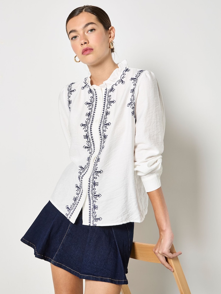 Apricot White Ruffle Collar Embroidered Blouse - Image 1 of 5