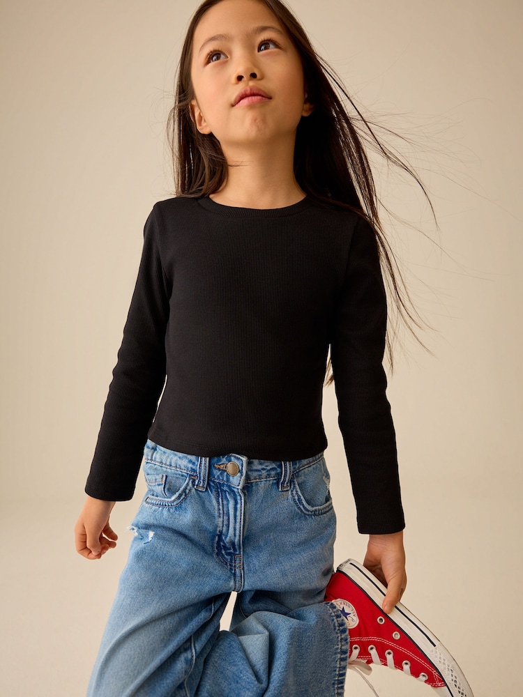 Black Fitted Long Sleeve Rib Top (3-16yrs) - Image 1 of 8 Black Fitted Long Sleeve Rib Top (3-16yrs) - Image 1 of 8