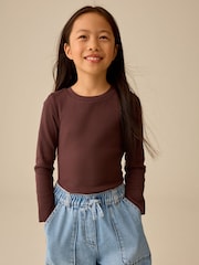 Chocolate Brown Fitted Long Sleeve Rib Top (3-16yrs) - Image 1 of 8