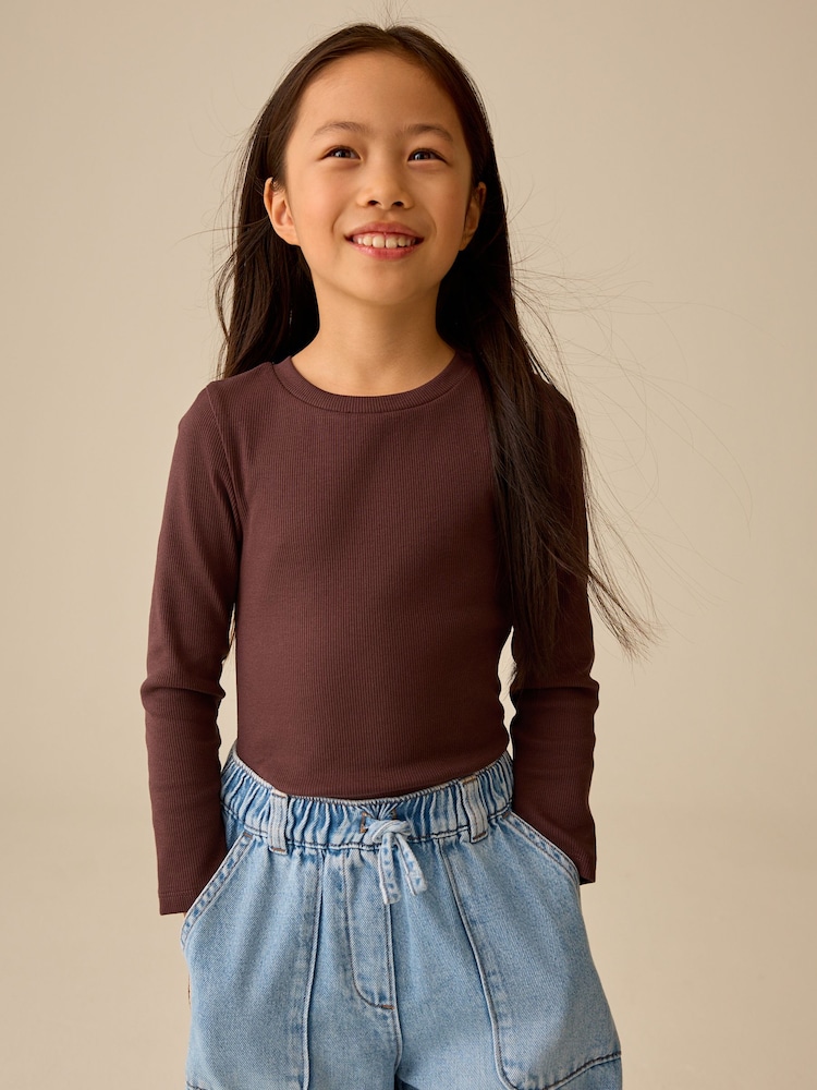 Chocolate Brown Fitted Long Sleeve Rib Top (3-16yrs) - Image 1 of 8 Chocolate Brown Fitted Long Sleeve Rib Top (3-16yrs) - Image 1 of 8