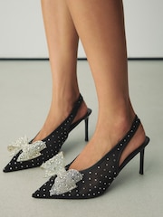 Black Forever Comfort® Round Toe Vinyl Slingback Jeweled Bow Heels - Image 1 of 5