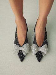 Black Forever Comfort® Round Toe Vinyl Slingback Jeweled Bow Heels - Image 2 of 5