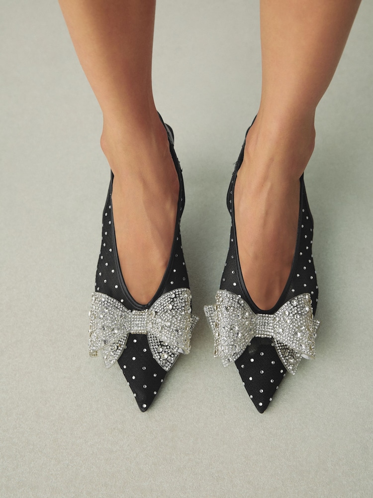 Black Forever Comfort® Round Toe Vinyl Slingback Jeweled Bow Heels - Image 2 of 5 Black Forever Comfort® Round Toe Vinyl Slingback Jeweled Bow Heels - Image 2 of 5