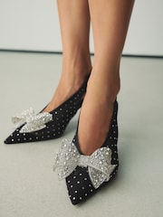 Black Forever Comfort® Round Toe Vinyl Slingback Jeweled Bow Heels - Image 3 of 5
