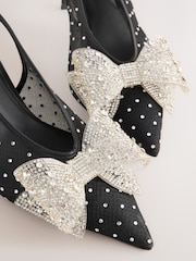 Black Forever Comfort® Round Toe Vinyl Slingback Jeweled Bow Heels - Image 9 of 11