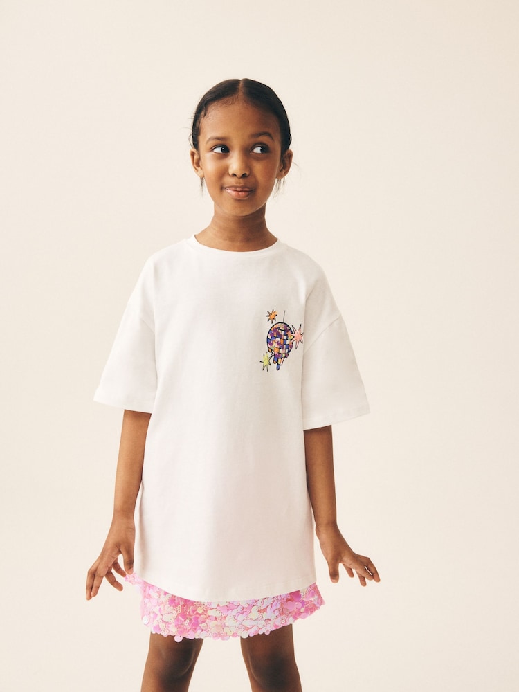 Ecru Disco Ball Oversized Sequin Graphic T-Shirt (3-16yrs) - Image 1 of 8