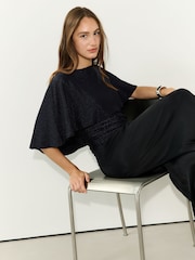 Navy Lurex Sparkle Cape Short Sleeve Top - Image 1 of 9