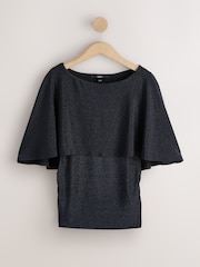 Navy Lurex Sparkle Cape Short Sleeve Top - Image 7 of 9