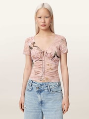 AllSaints Pink Gabby Mesh Top - Image 1 of 8