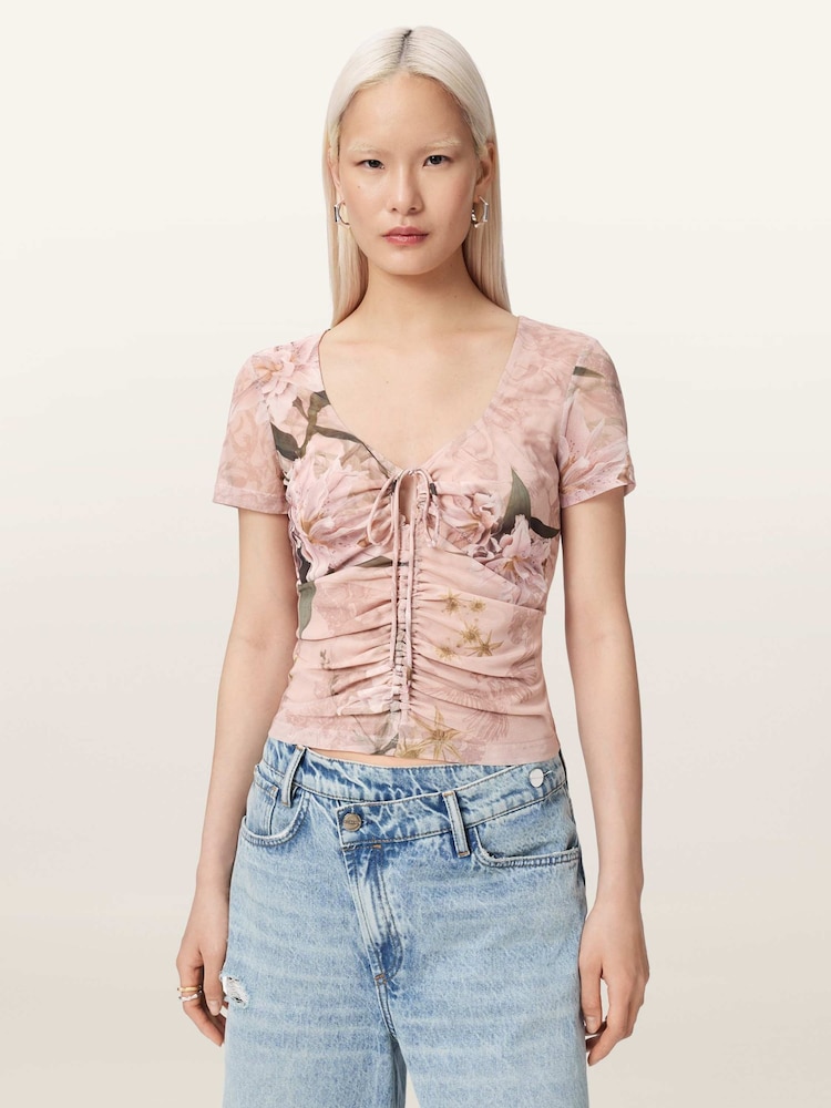 AllSaints Pink Gabby Mesh Top - Image 1 of 8 AllSaints Pink Gabby Mesh Top - Image 1 of 8