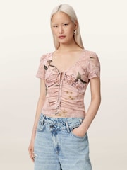 AllSaints Pink Gabby Mesh Top - Image 2 of 8