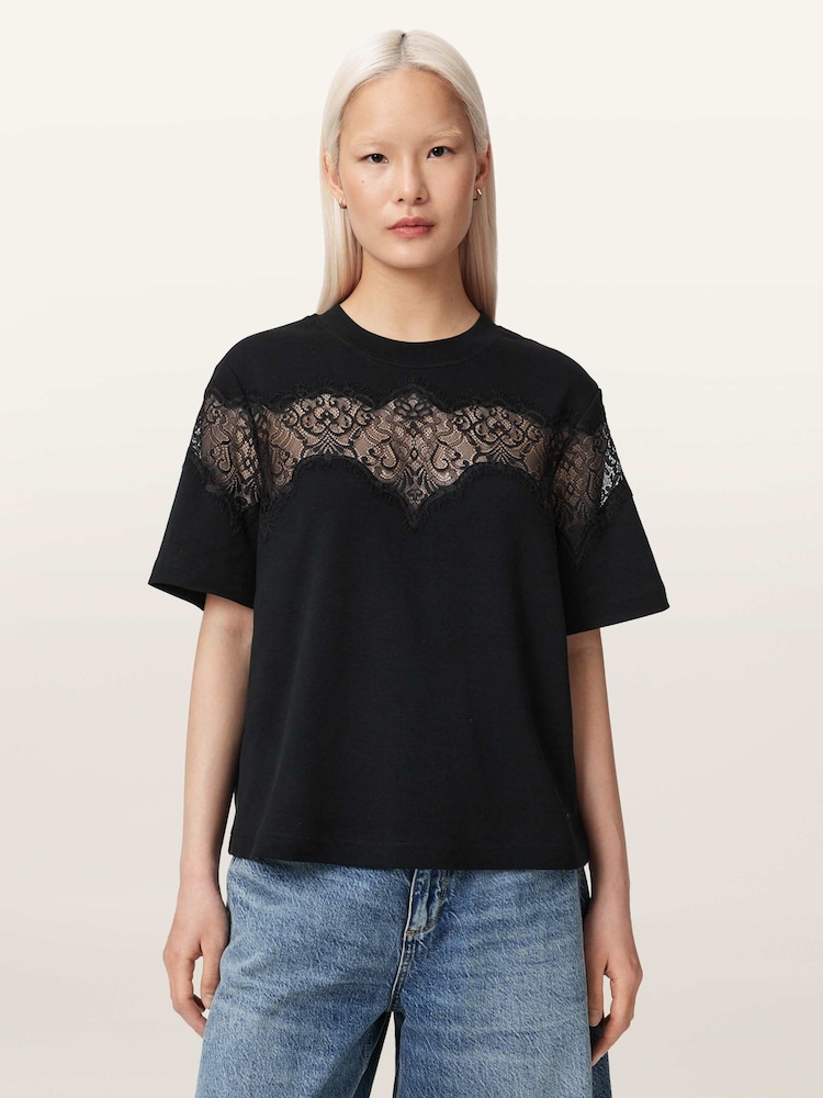 AllSaints Black Lisa Lace T-Shirt - Image 1 of 7
