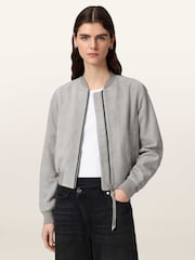 AllSaints Grey Orten Suede Bomber Jacket - Image 1 of 7
