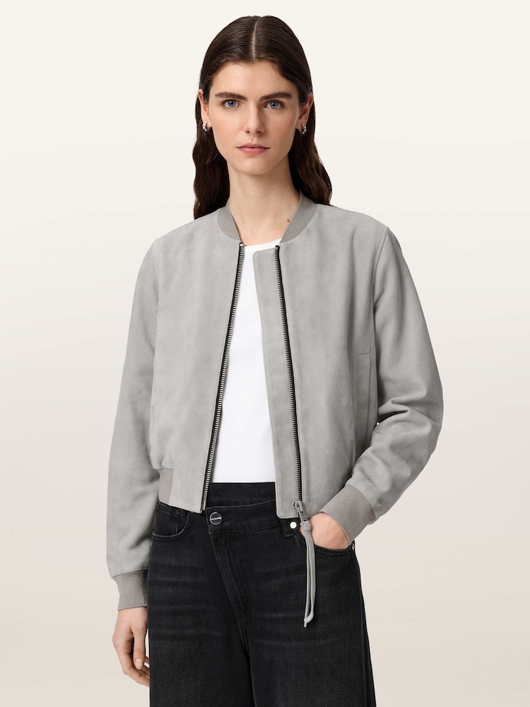 AllSaints Grey Orten Suede Bomber Jacket - Image 1 of 7