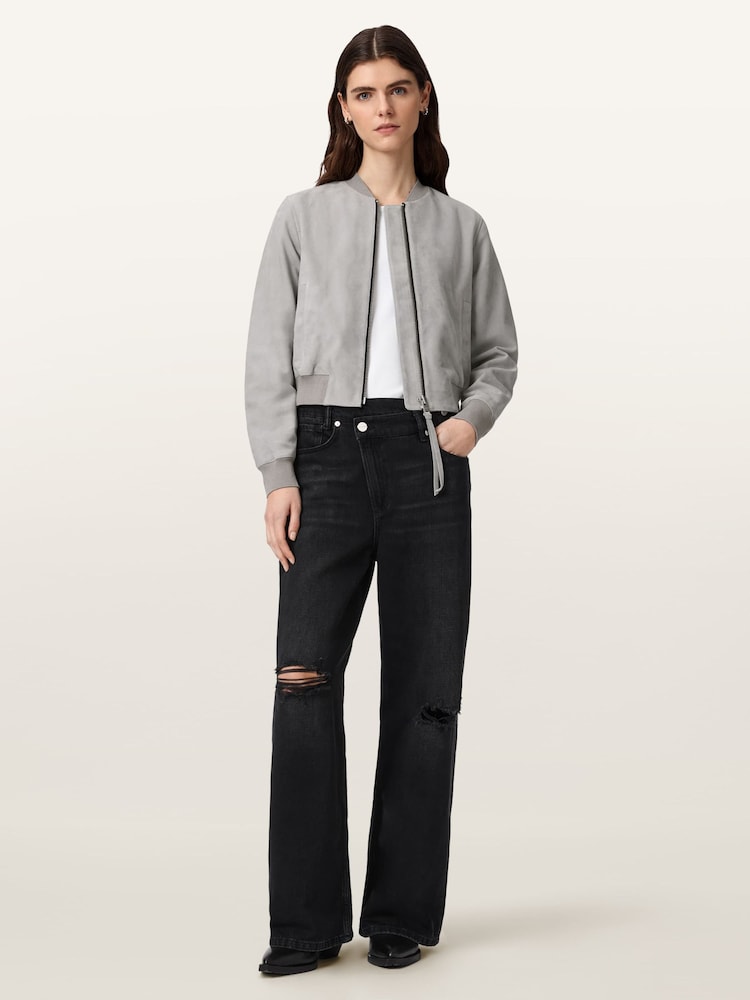 AllSaints Grey Orten Suede Bomber Jacket - Image 2 of 7
