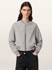 AllSaints Grey Orten Suede Bomber Jacket - Image 4 of 7